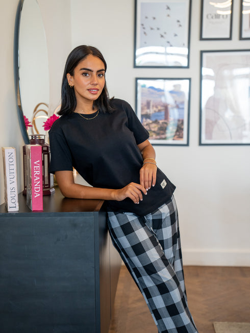 Women summer pajama set Black Tee + Black X White Glen Plaid Pants